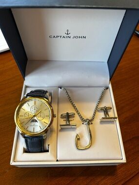 Title: NIB Captain John Men's Watch, Cufflinks & Fish Hook Necklace Set